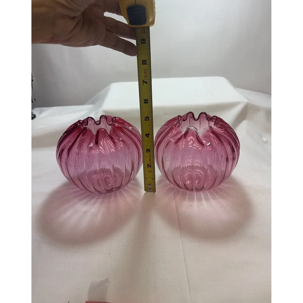 Two Cranberry To Clear Ribbed &‎ Crimped Swirl Rose Bowl Vases Ground Pontil 5